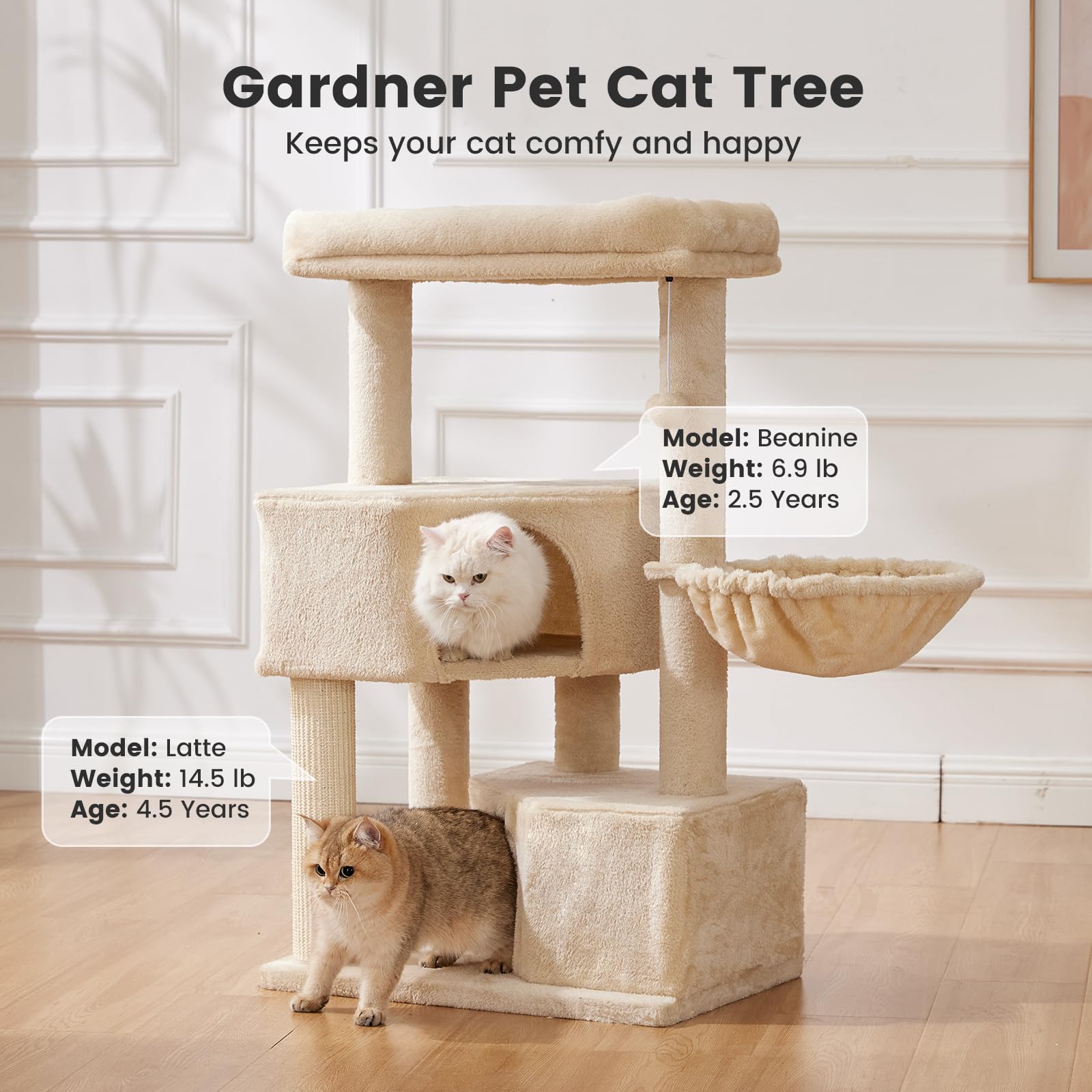 Gardner Pet cat tree hanging ball invites interactive play.