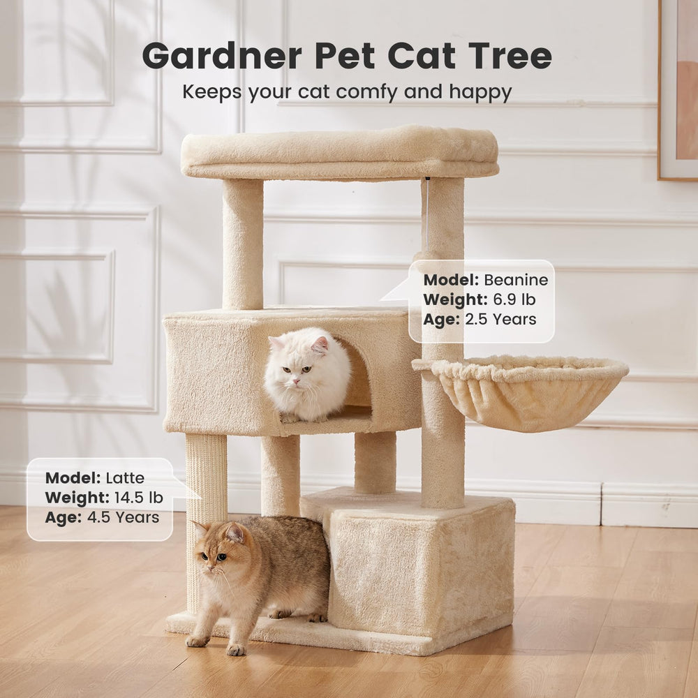 Gardner Pet cat tree hanging ball invites interactive play.