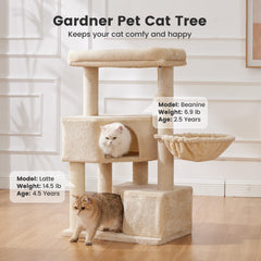 Gardner Pet cat tree hanging ball invites interactive play.
