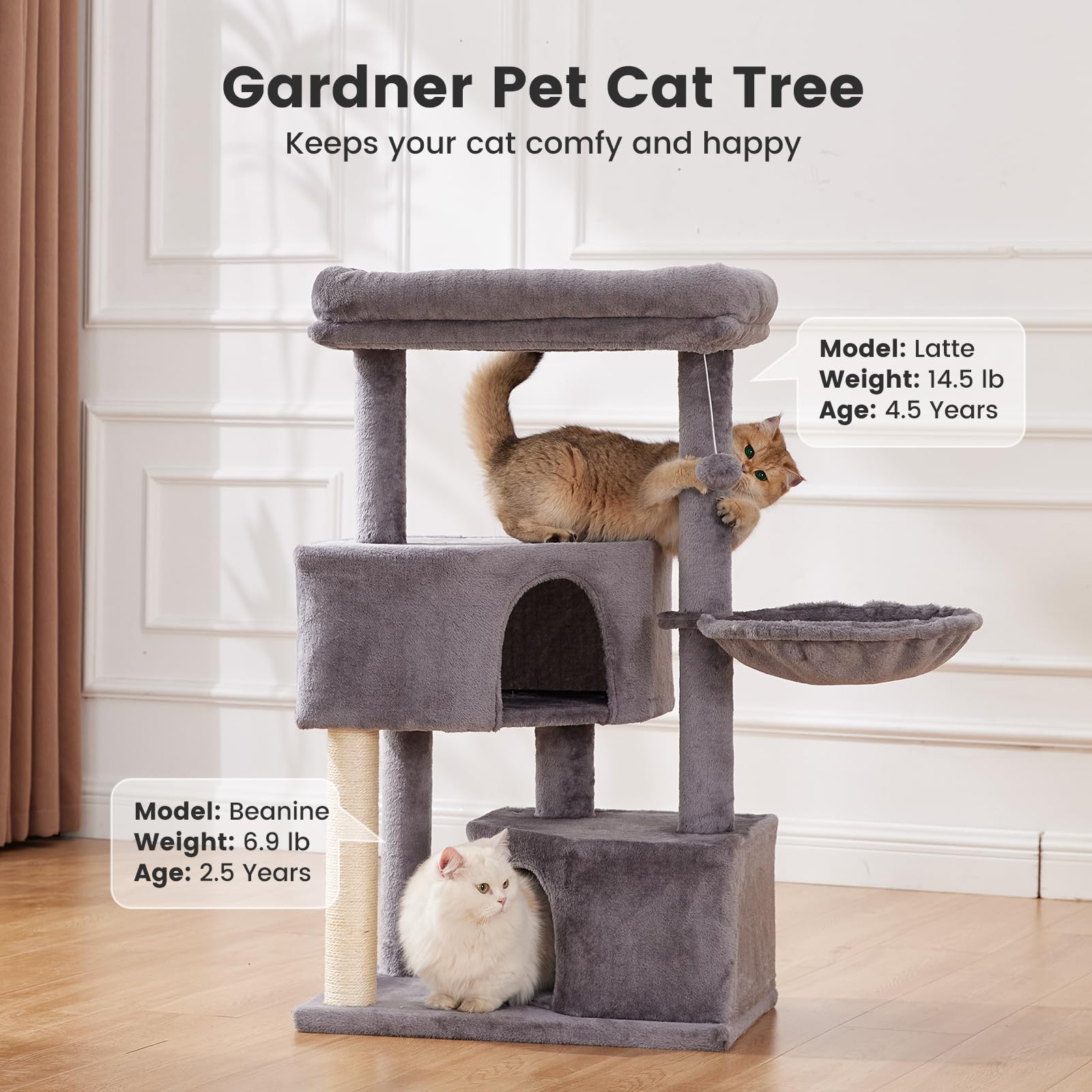 Gardner Pet top perches give cats elevated views and resting spots.