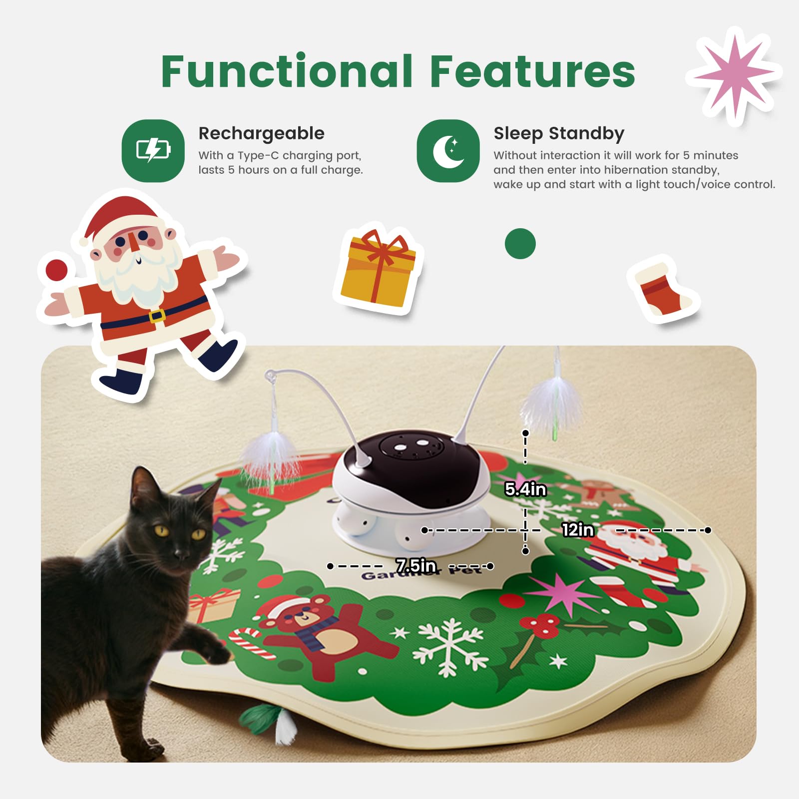 Gardner Pet Christmas elf feather play scene highlighting festive gift appeal.