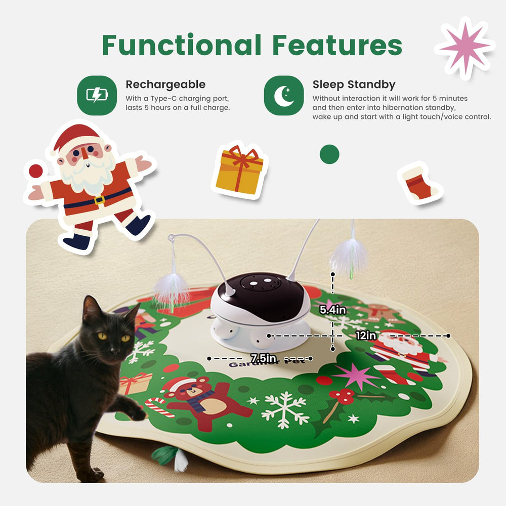 Gardner Pet Christmas elf feather play scene highlighting festive gift appeal.