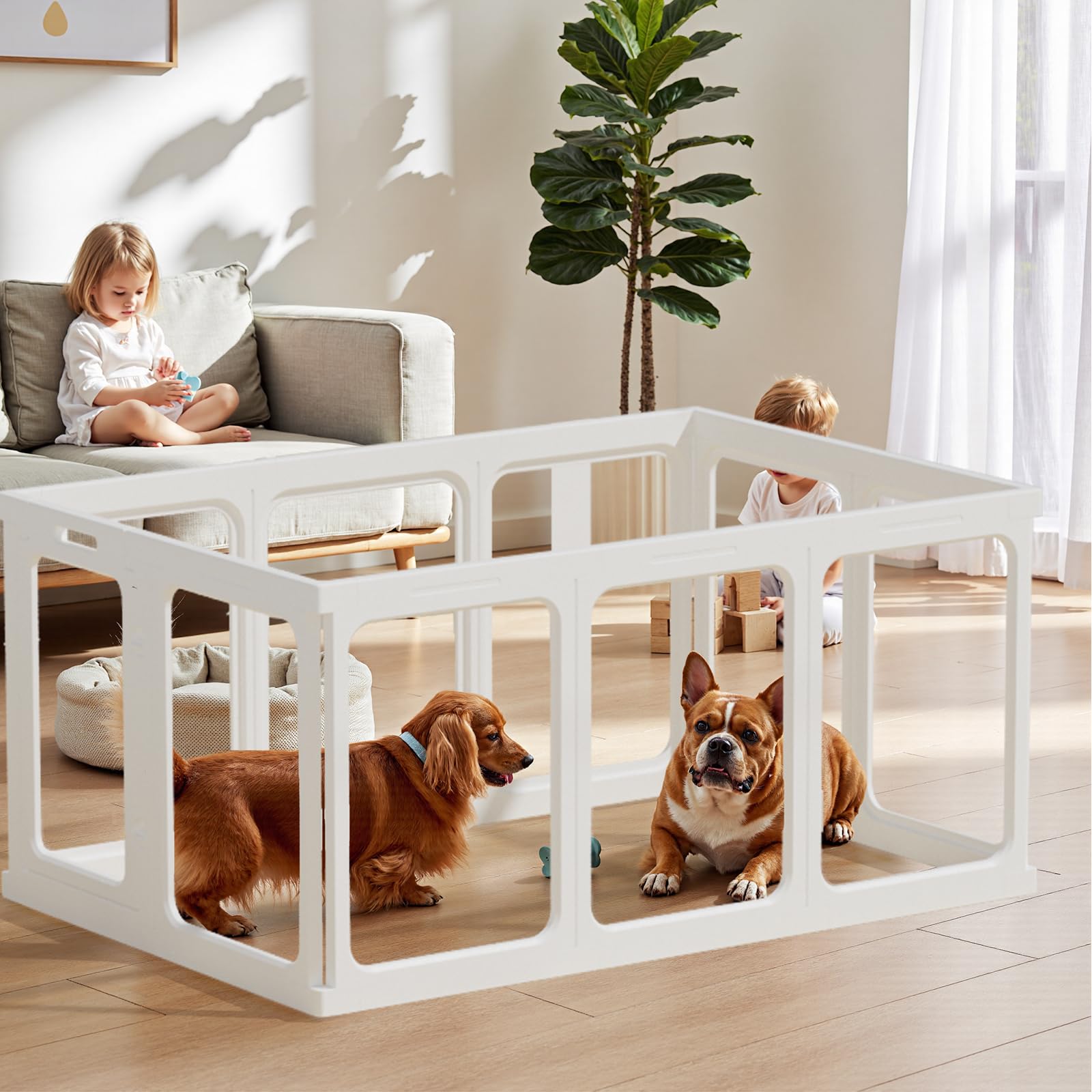 Gardner Pet indoor-use image—clear enclosure blends with home décor while keeping pets contained
