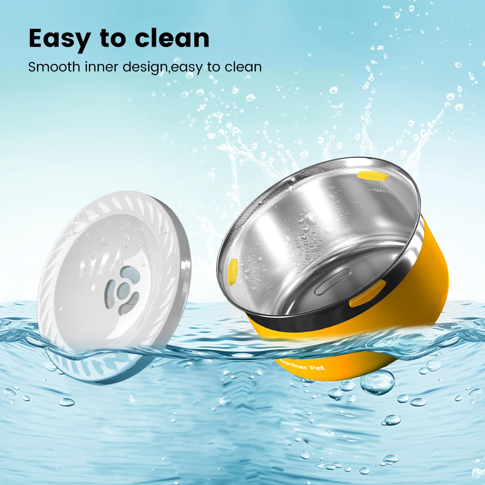 Gardner Pet splash-proof rim and disk reduce spills during car rides.