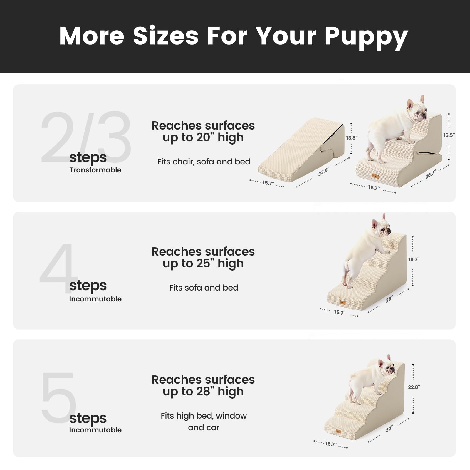Gardner Pet dog stairs beige curved side view highlights low-angle ramp for small dogs