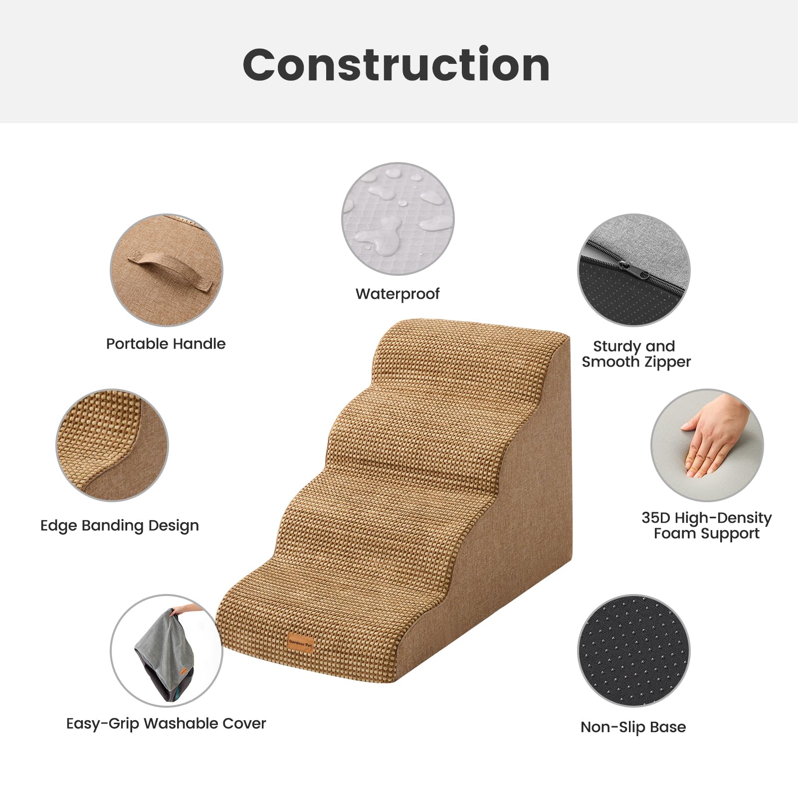 Gardner Pet dog stairs foam close-up highlights CertiPUR-US comfort.
