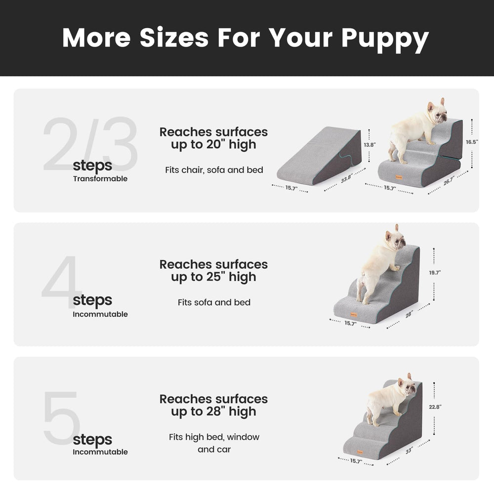 Gardner Pet dog stairs curved design with 5 steps helps small dogs reach elevated spots safely.