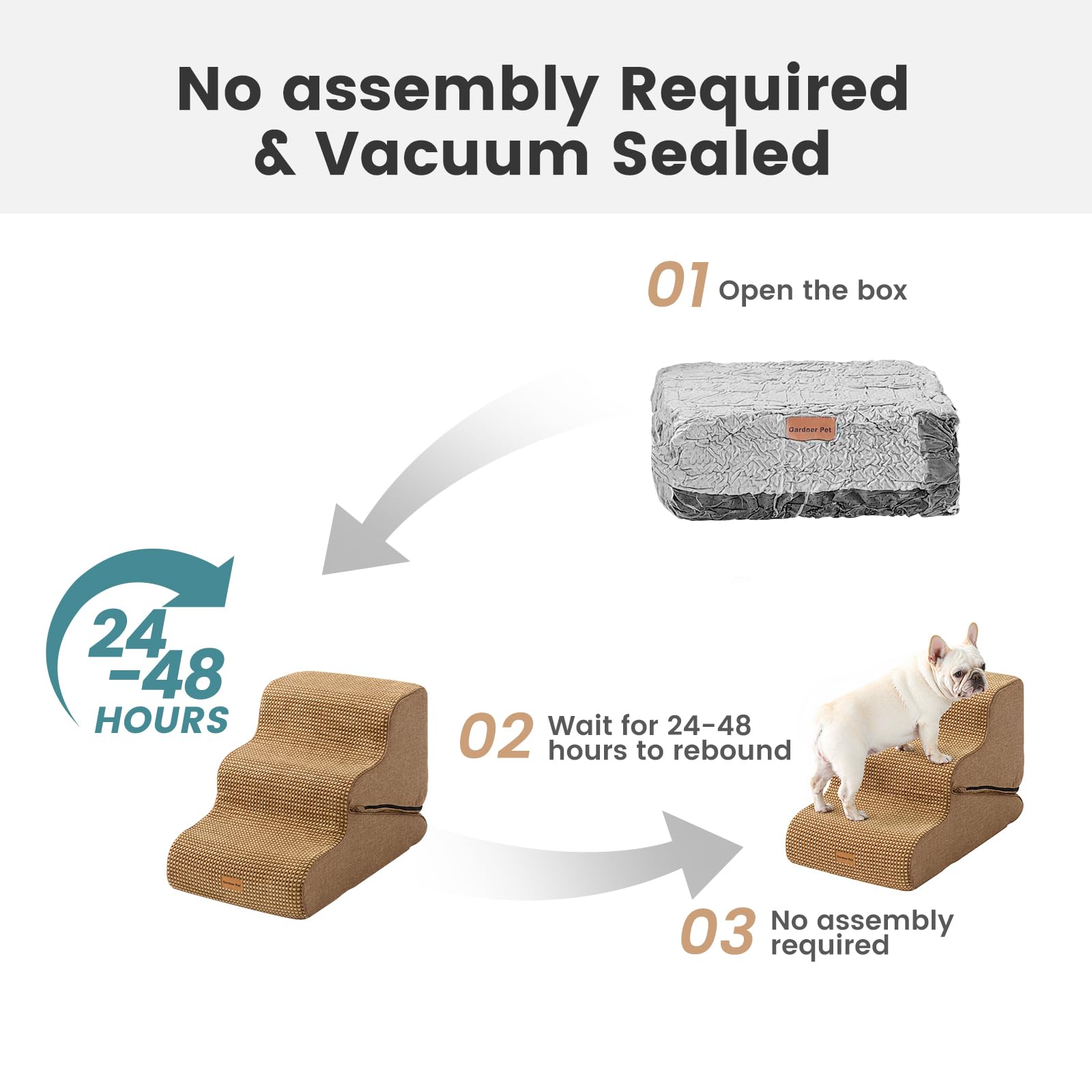 Gardner Pet dog stairs shown on bed for versatile placement.