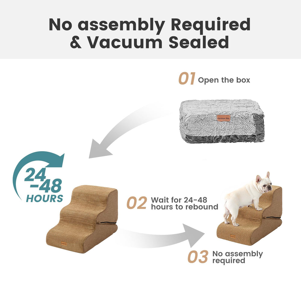Gardner Pet dog stairs shown on bed for versatile placement.
