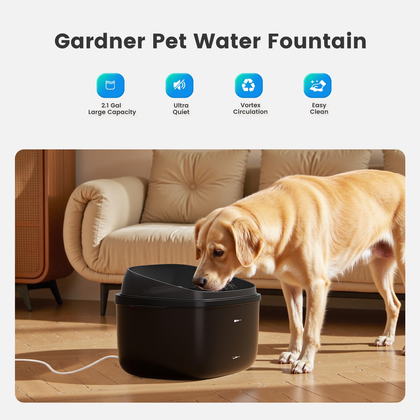 Gardner Pet dual-dome tray highlights extra emergency water storage.