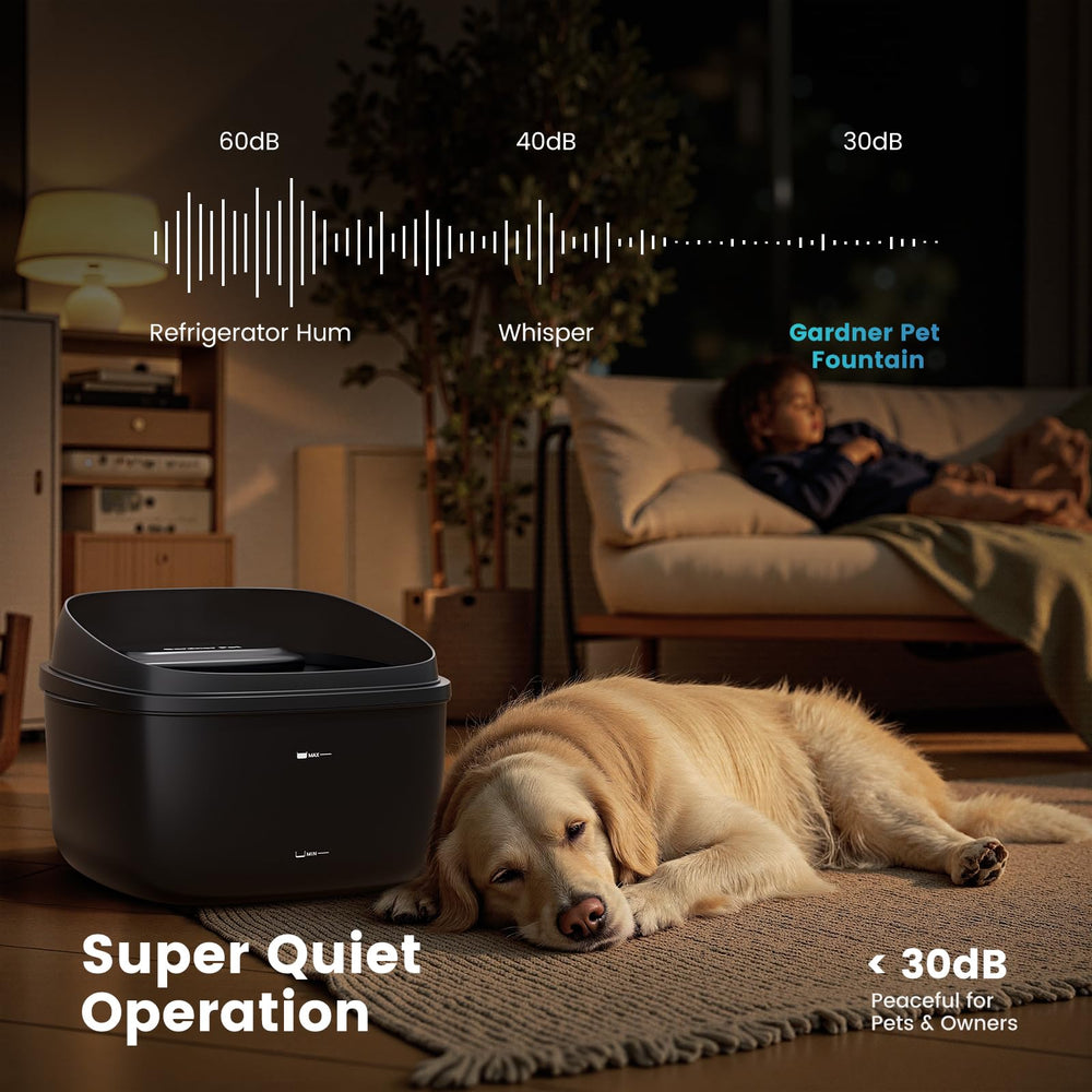 Gardner Pet ultra-quiet pump operates under 30 dB for quiet spaces.