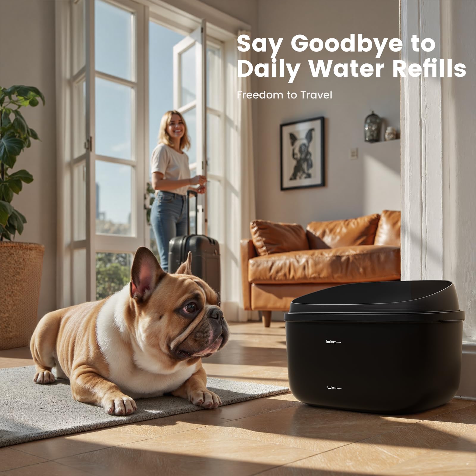Gardner Pet dual-dome drinking tray stores backup water for emergencies.
