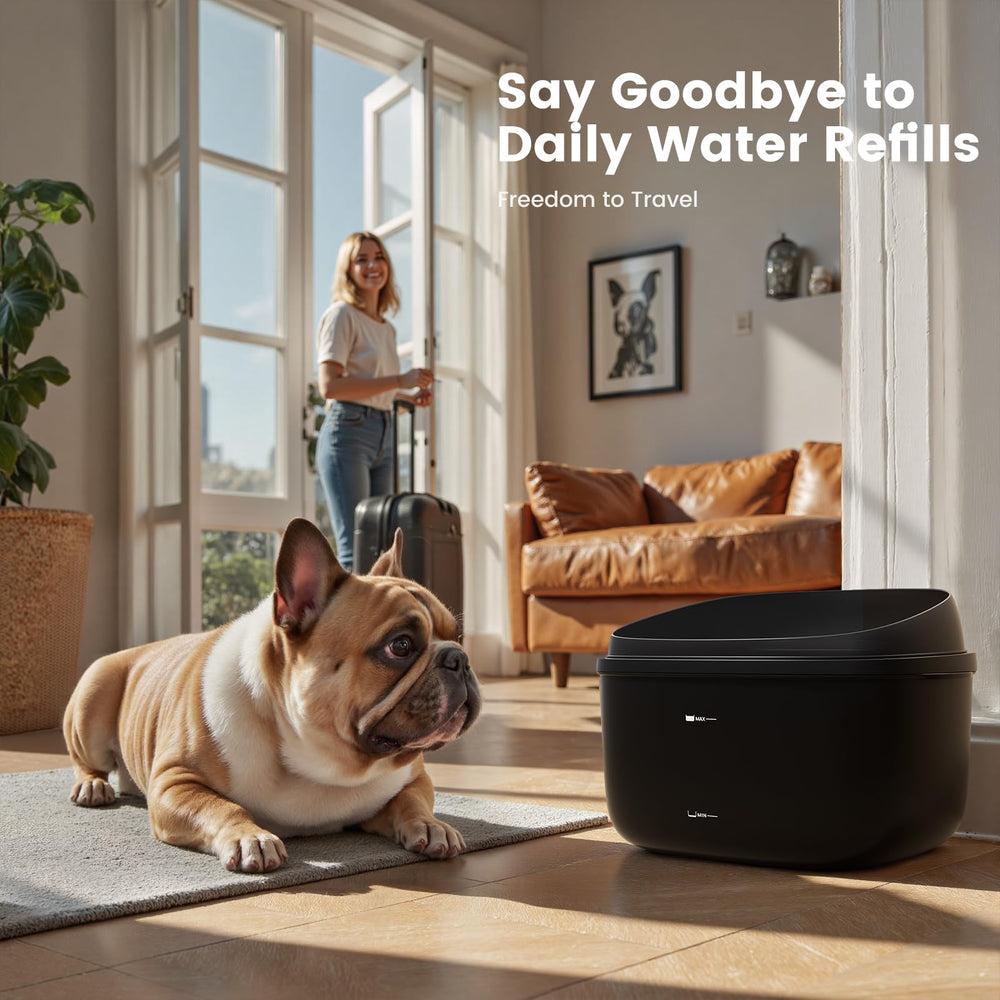 Gardner Pet dual-dome drinking tray stores backup water for emergencies.