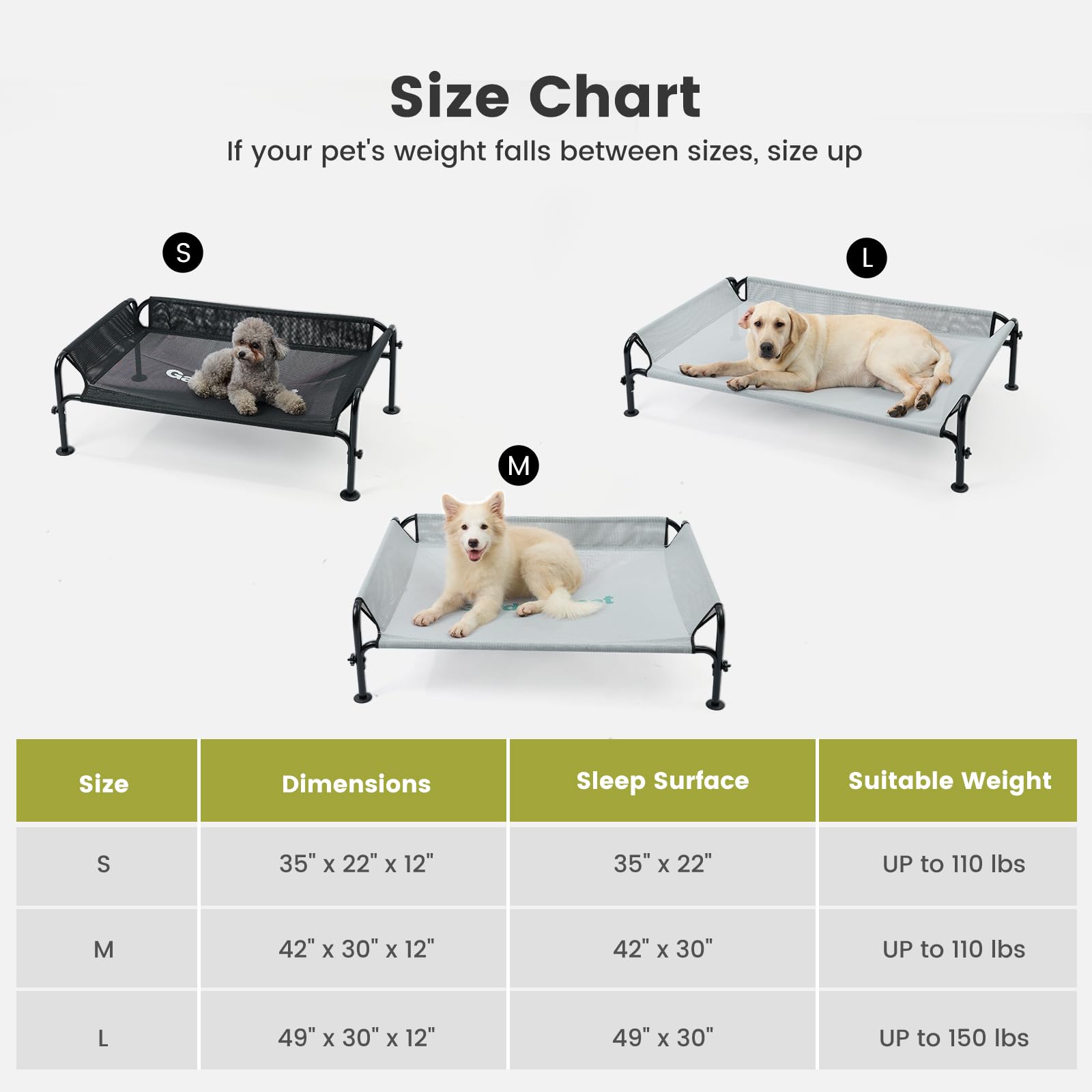 Gardner Pet elevated bed uses chew-resistant mesh for durability.