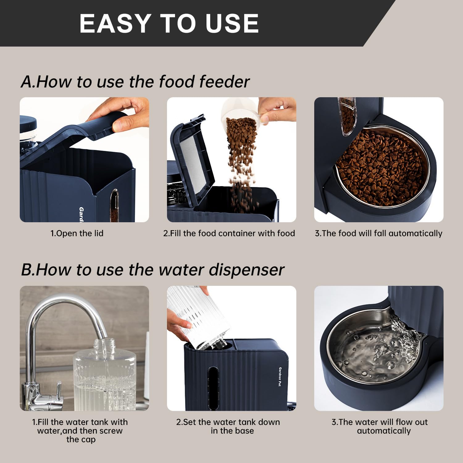 Gardner Pet large-capacity food container reduces frequent refills.