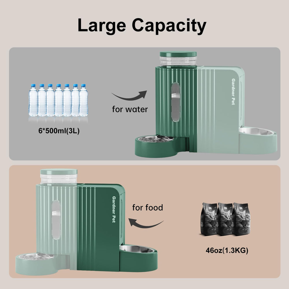 Gardner Pet food dispenser shows 1.3 kg dry food capacity for outings.