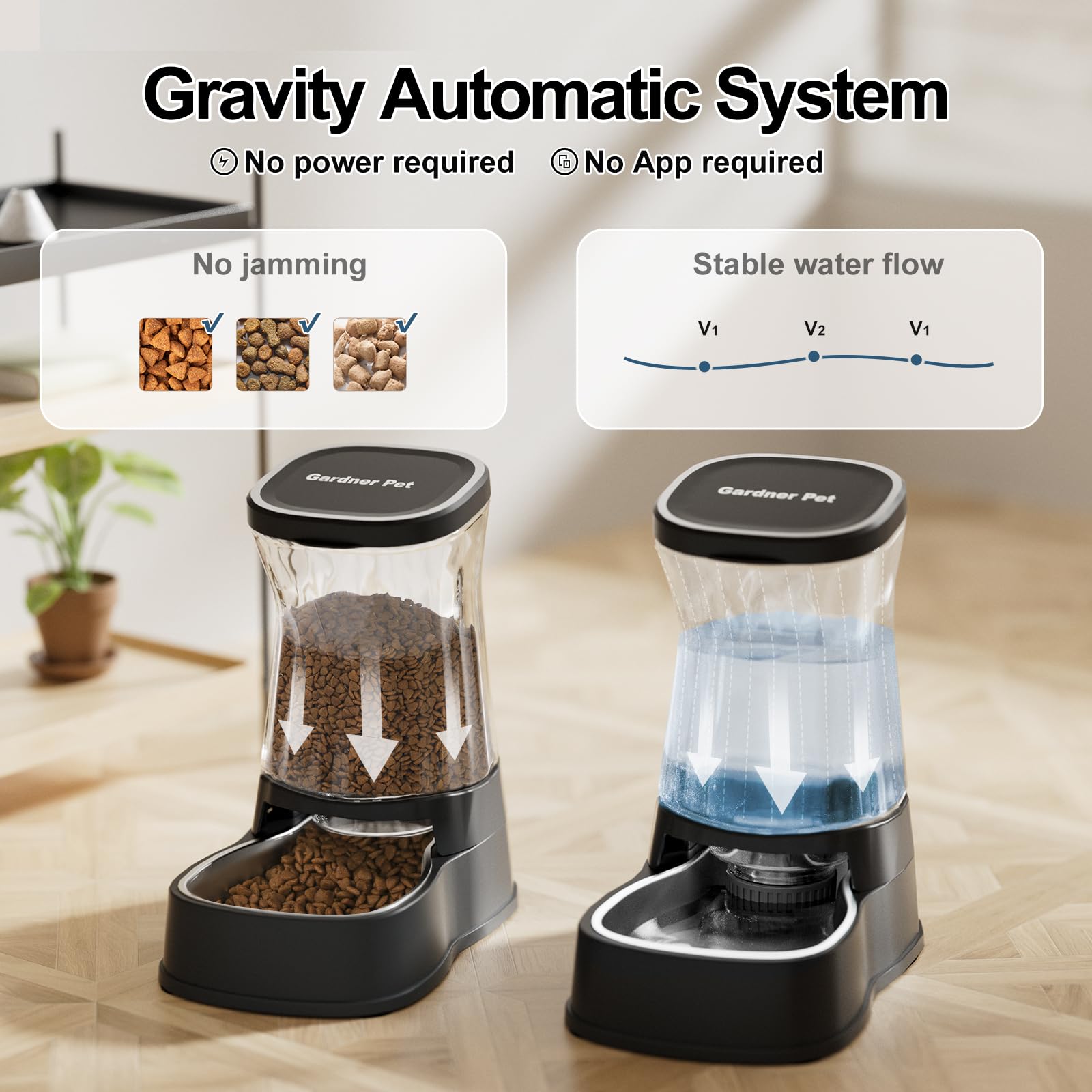 Gardner Pet food feeder with widened outlet reduces jams during feeding