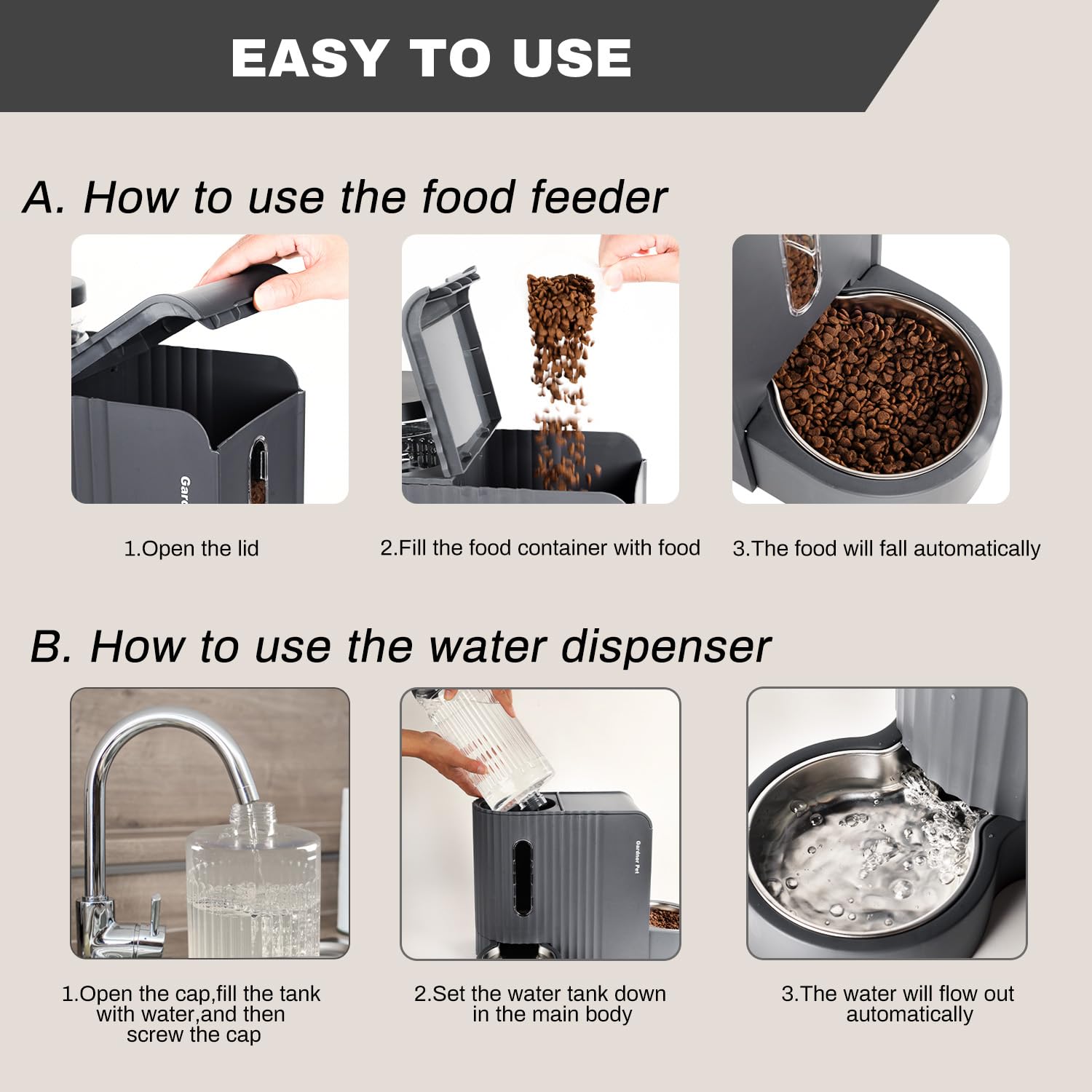 Gardner Pet gravity feeder close-up showing steady dry-food flow.