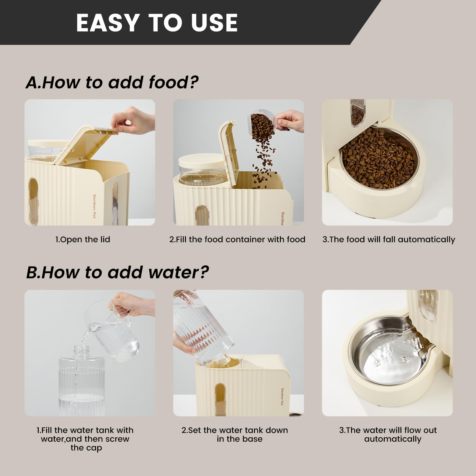 Gardner Pet gravity feeder beige capacity-note signals multi-day feeding and travel versatility
