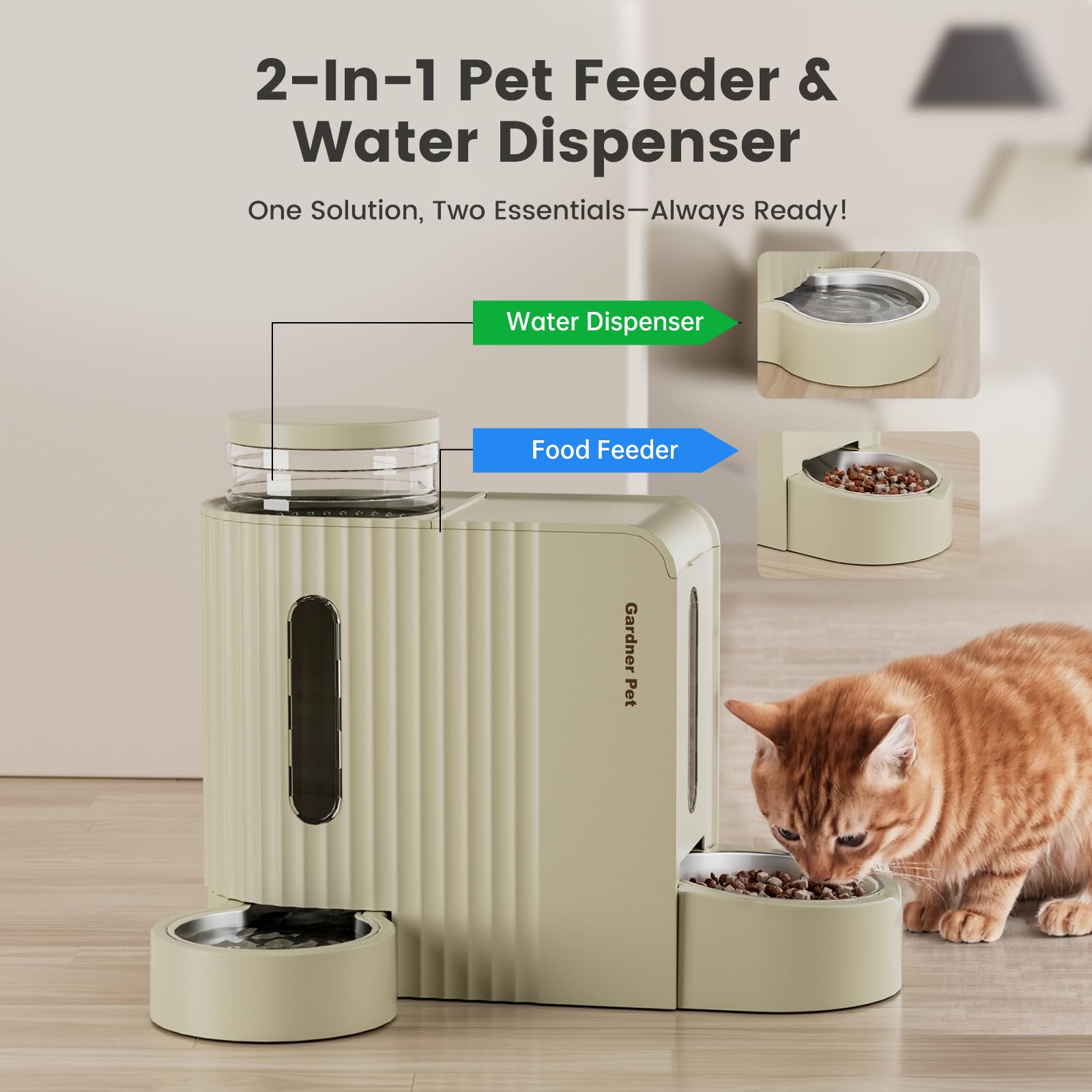 Gardner Pet gravity feeder beige food dispenser emphasizes jam-free outlet for dry kibble