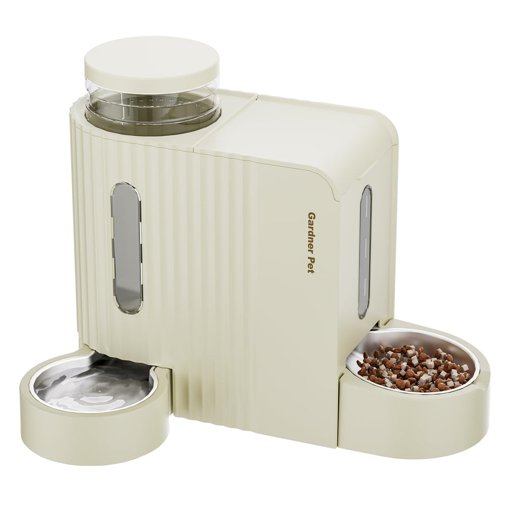 Gardner Pet Gravity Automatic Feeder beige front view highlighting large capacity for scheduled meals