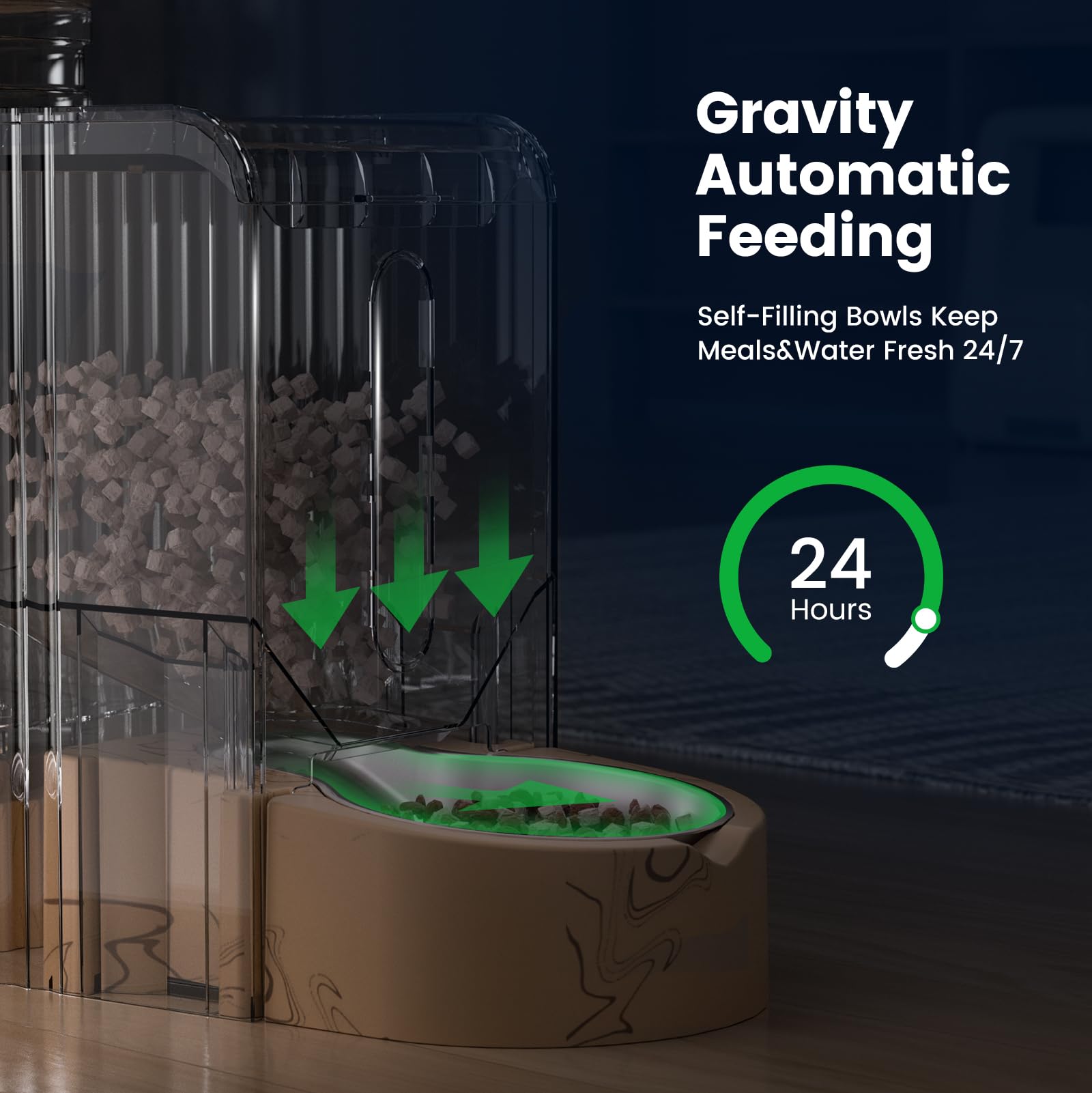 Gardner Pet Gravity Feeder top view highlights dry-food reservoir for easy refills.