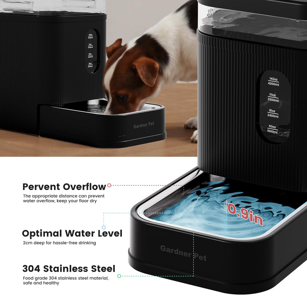 Gardner Pet gravity-fed unit close-up demonstrates anti-tip base for stable play.