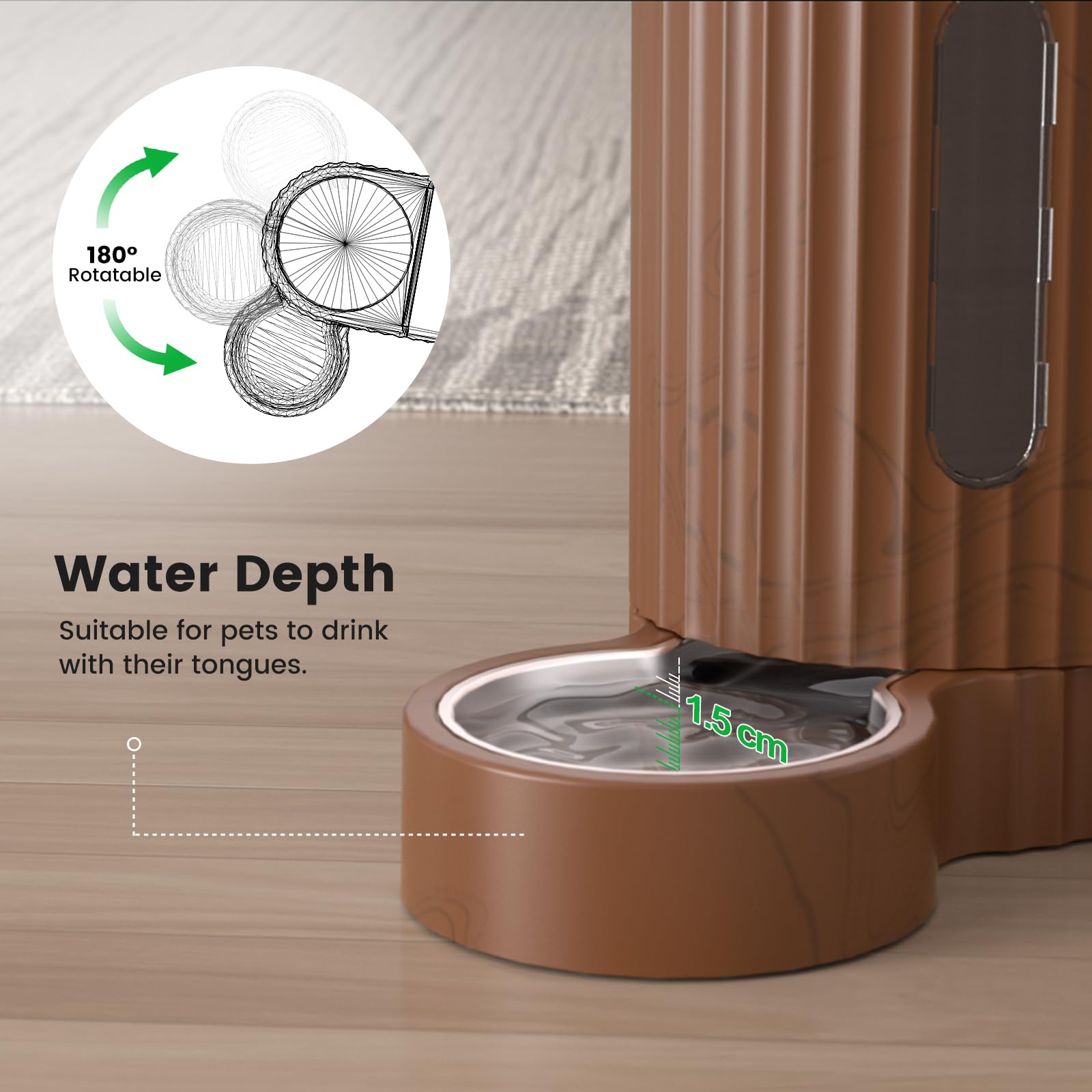 Gardner Pet Gravity water dispenser 180-degree rotation ensures flexible placement and reach.
