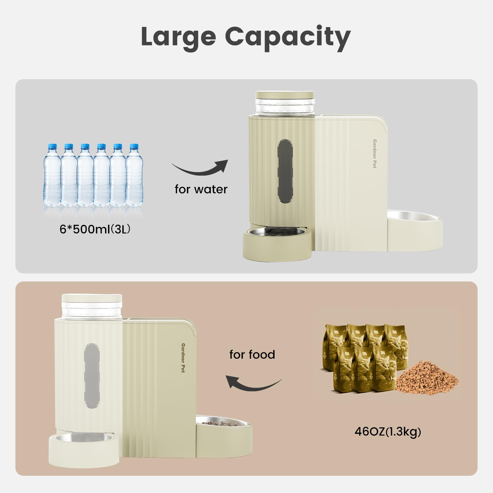 Gardner Pet water dispenser beige side view shows built-in filter for clean sipping