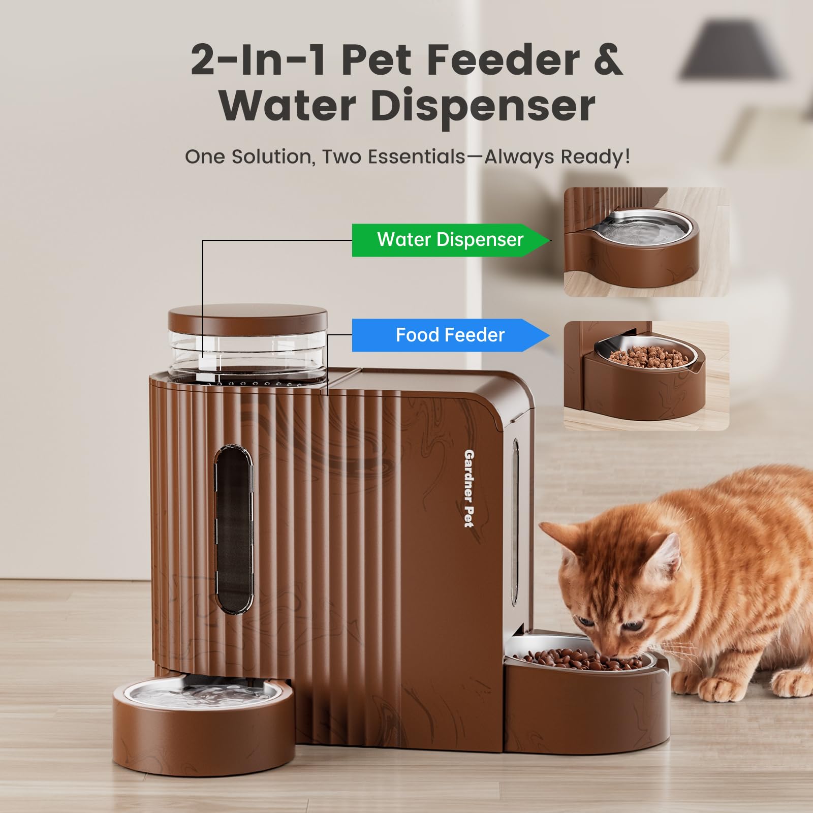 Gardner Pet Gravity water dispenser side view highlights reliable hydration during travel.