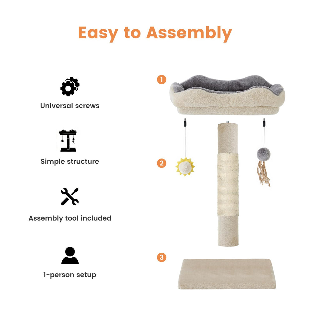 Gardner Pet cat tree includes two hanging toys for enrichment and hunting play