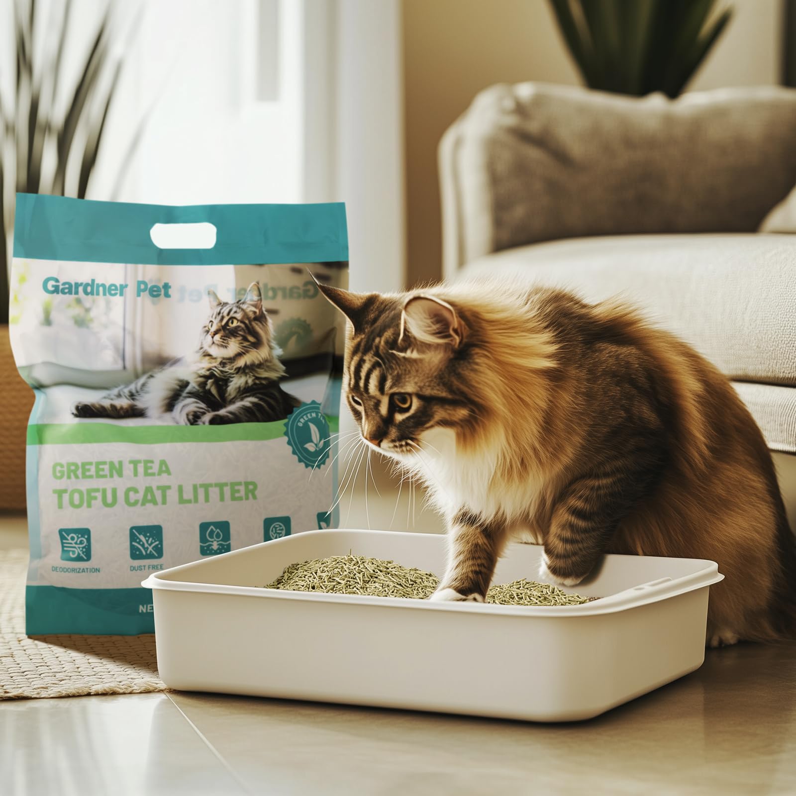 Gardner Pet Natural Tofu Cat Litter clean-setup layout hints easy scooping and maintenance
