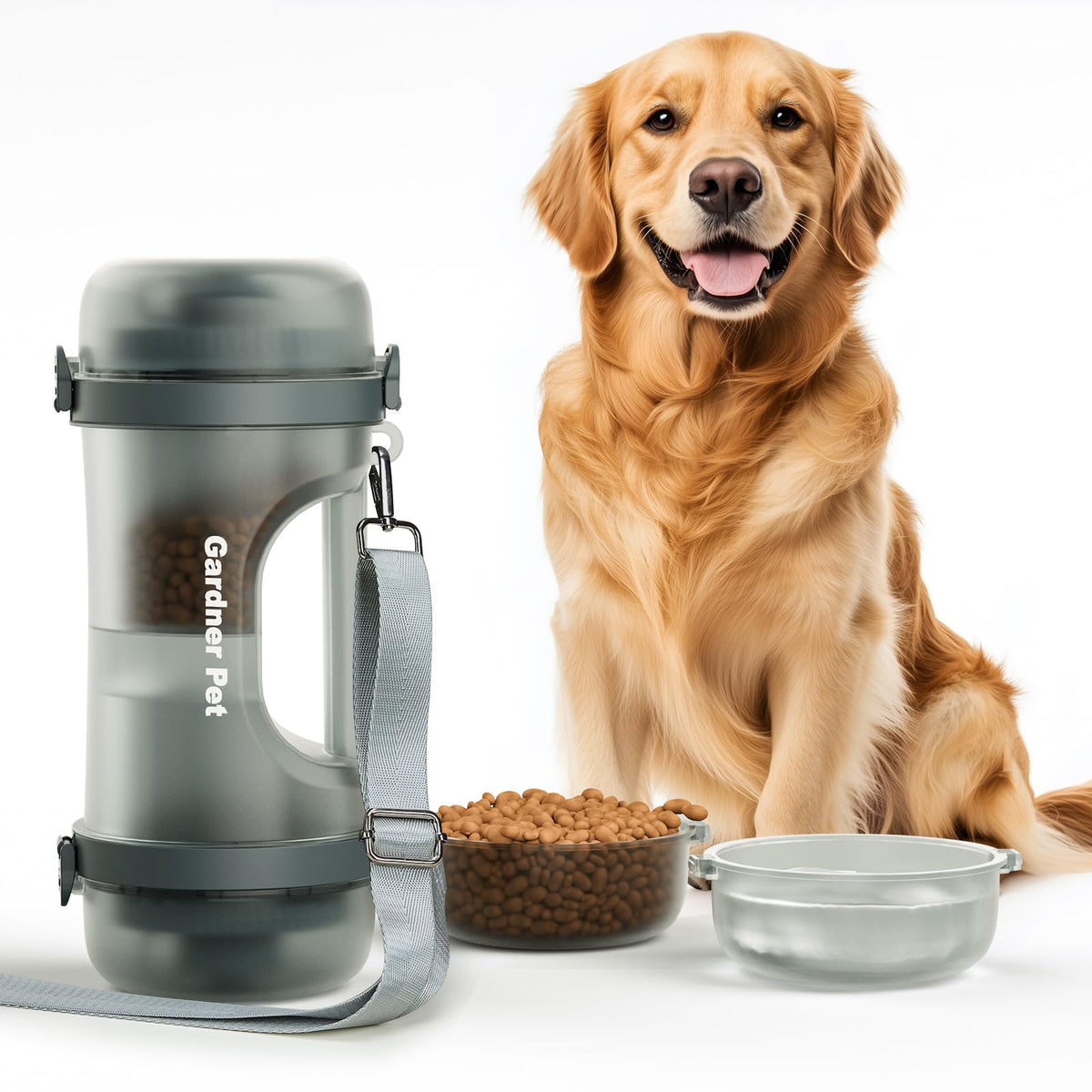 Gardner Pet portable dog water bottle close-up showing all-in-one design for easy hydration during hikes.