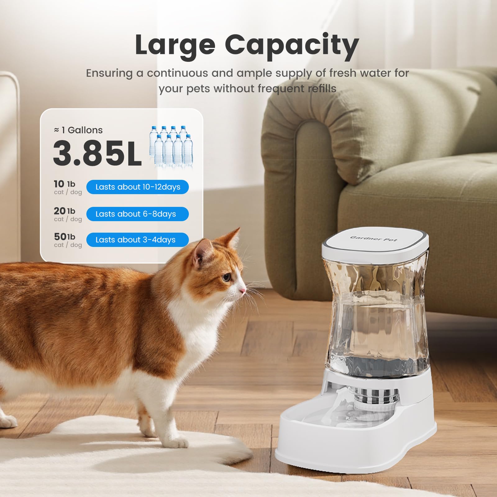 Gardner Pet silent gravity system operates quietly, reducing stress during mealtime.