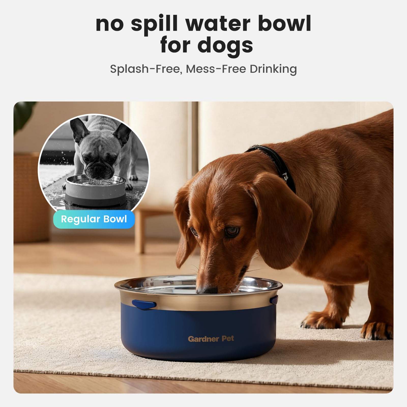Gardner Pet slow water bowl capacity 68oz ensures fewer refills for medium to large dogs.