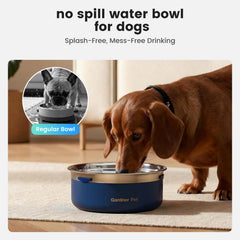 Gardner Pet slow water bowl capacity 68oz ensures fewer refills for medium to large dogs.
