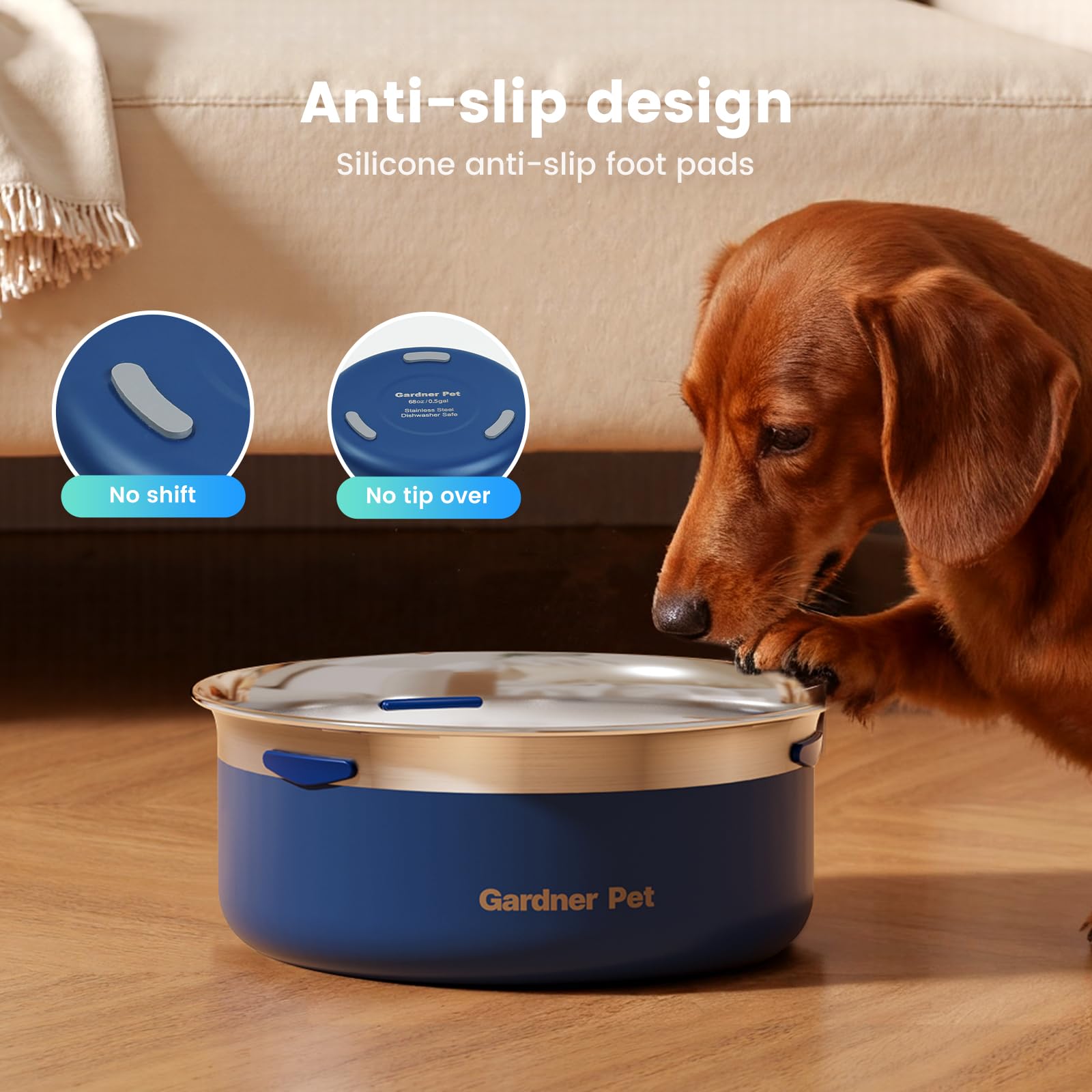 Gardner Pet slow water bowl easy-clean assembly speeds up routine maintenance.