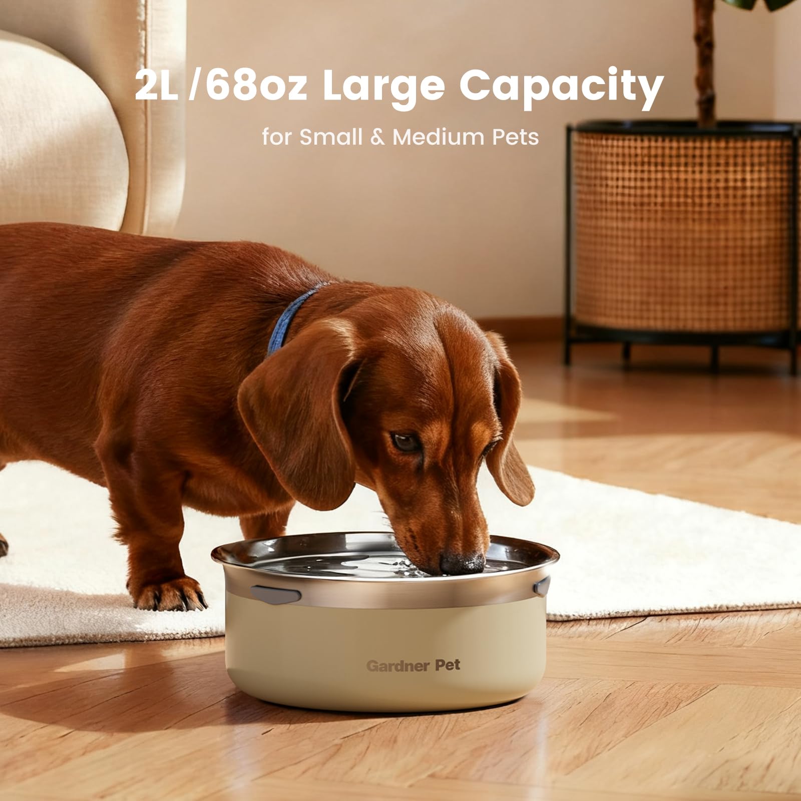 Gardner Pet Slow Water Bowl floating disk enables controlled sipping.