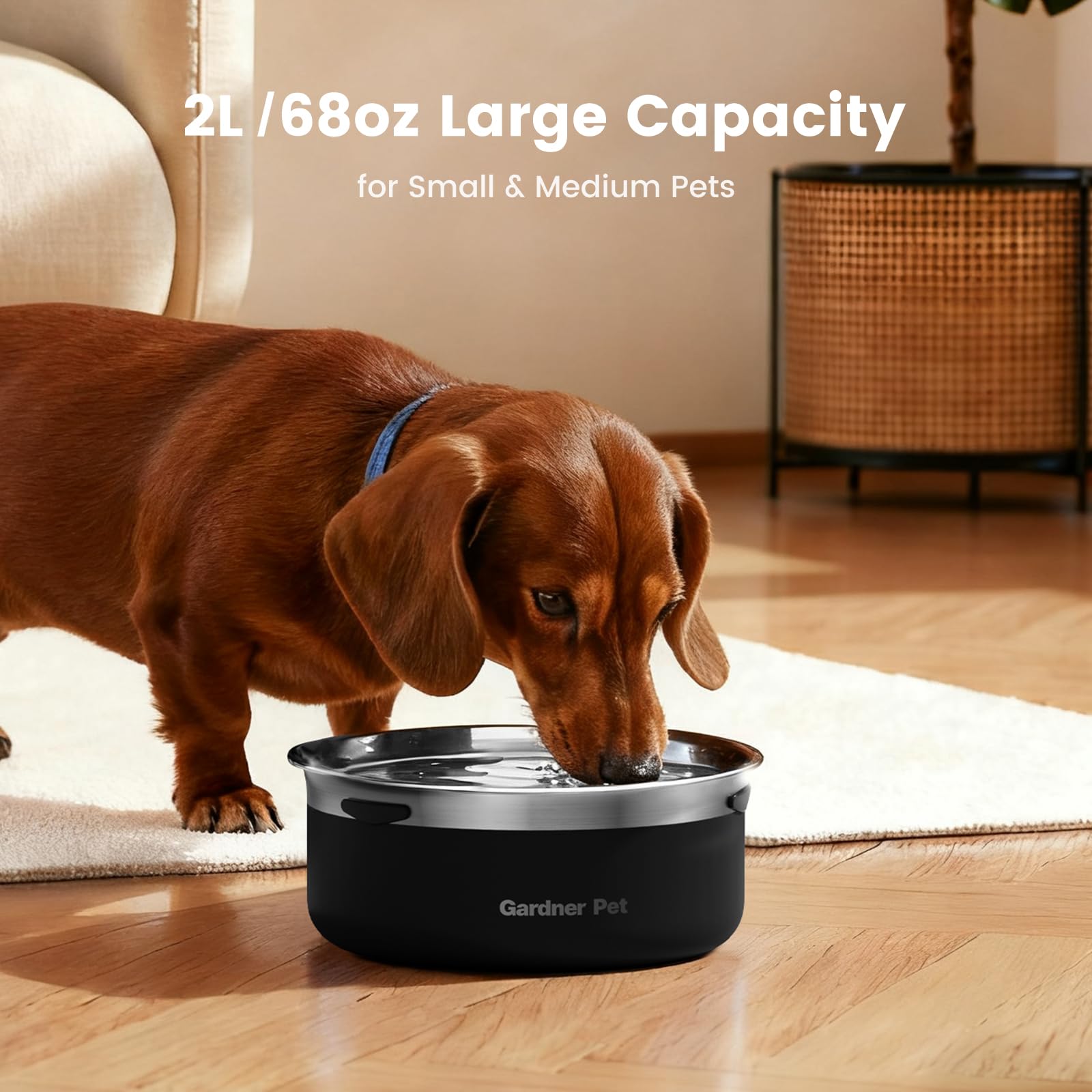 Gardner Pet slow water bowl with floating disk controlling water flow.