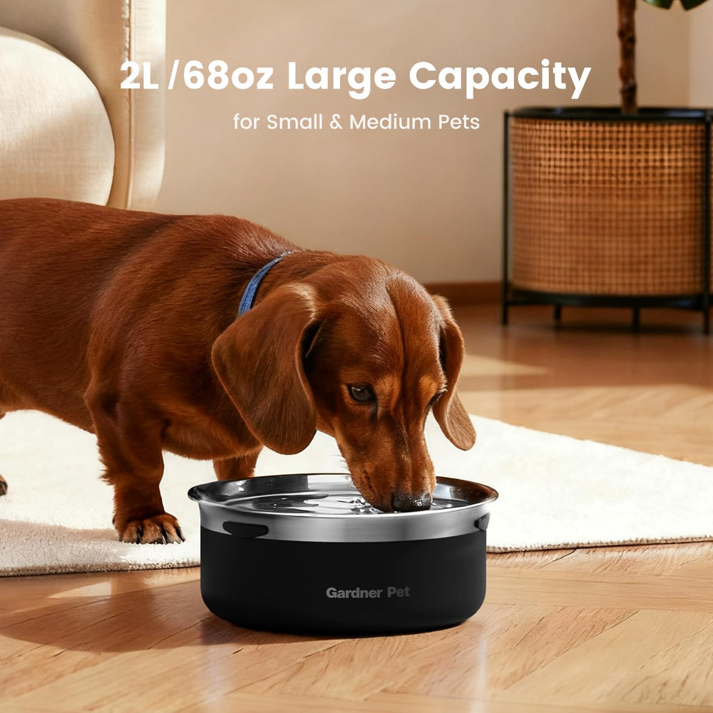 Gardner Pet slow water bowl with floating disk controlling water flow.