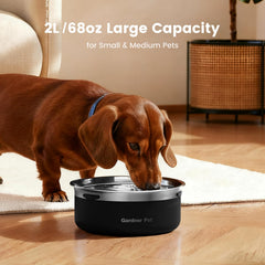 Gardner Pet slow water bowl with floating disk controlling water flow.