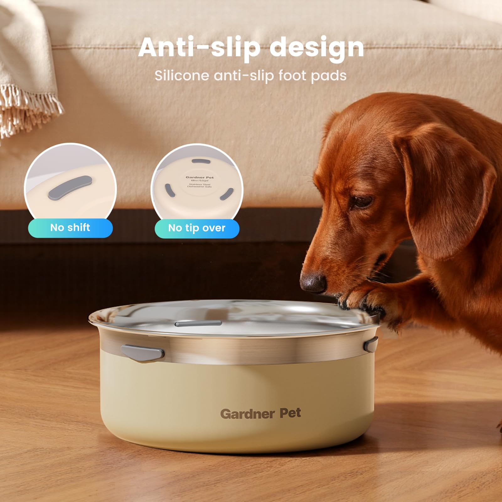 Gardner Pet Slow Water Bowl splash-free flow reduces spills.