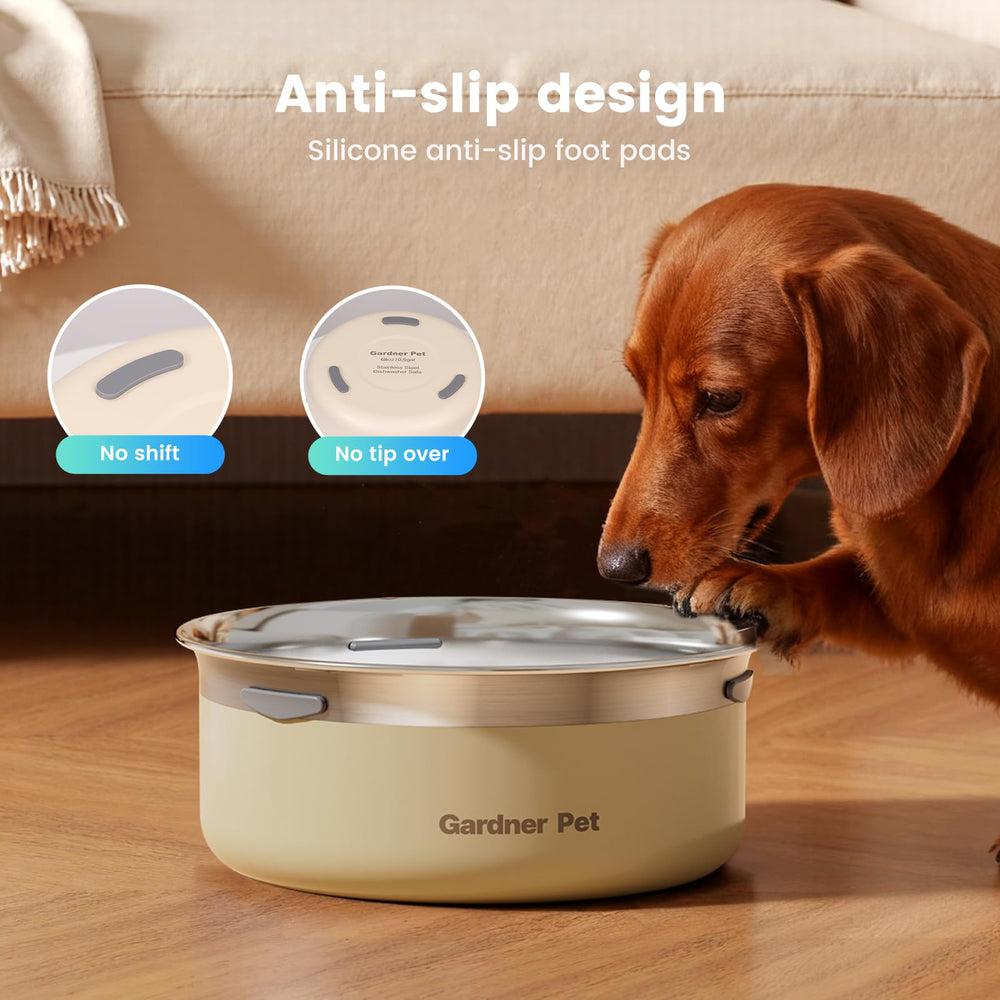 Gardner Pet Slow Water Bowl splash-free flow reduces spills.