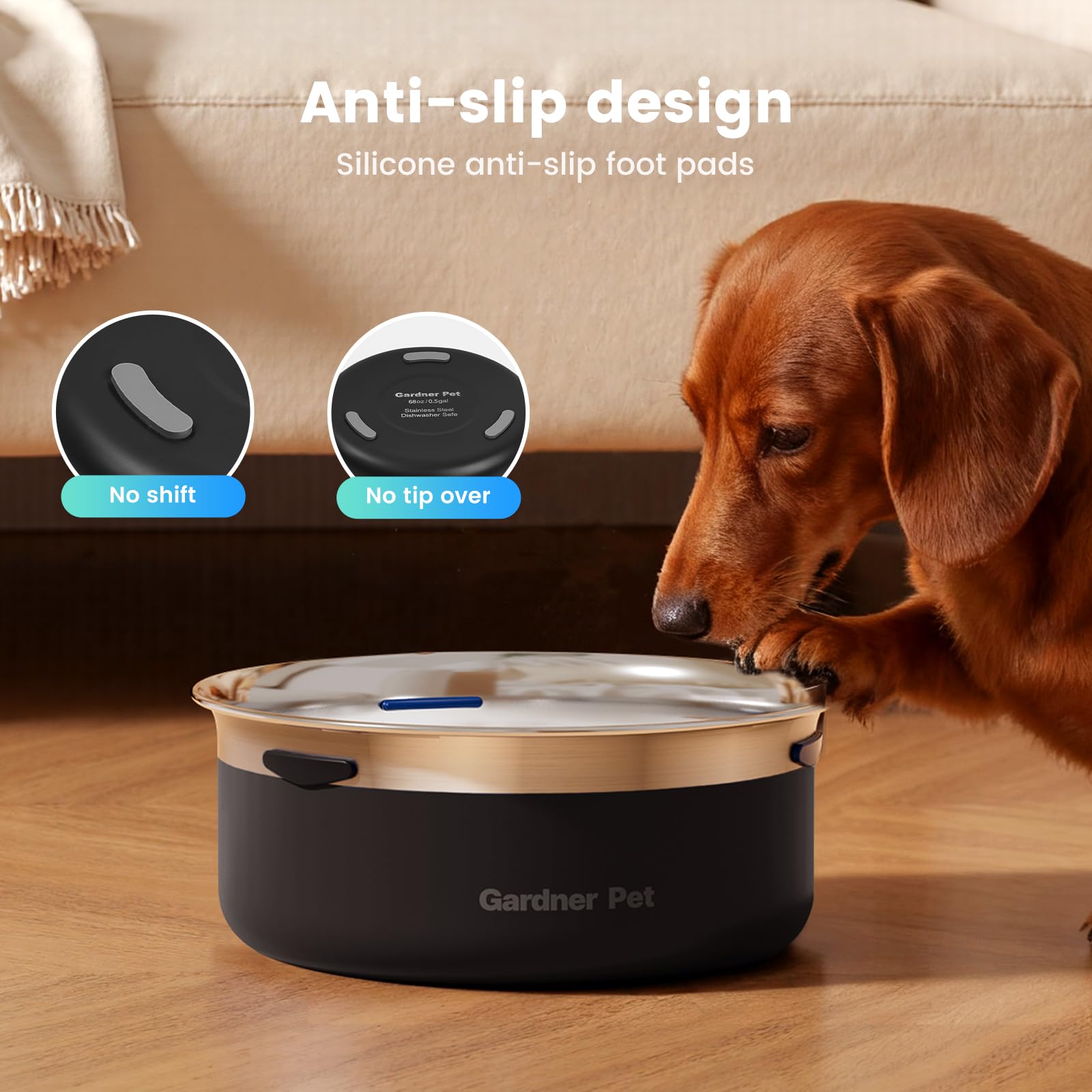 Gardner Pet slow water bowl demonstrates controlled water flow from the disk.