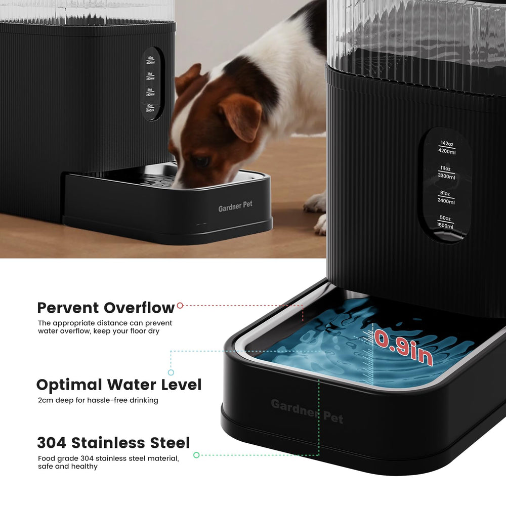 Gardner Pet stainless steel bowl and silent operation reduce spills.