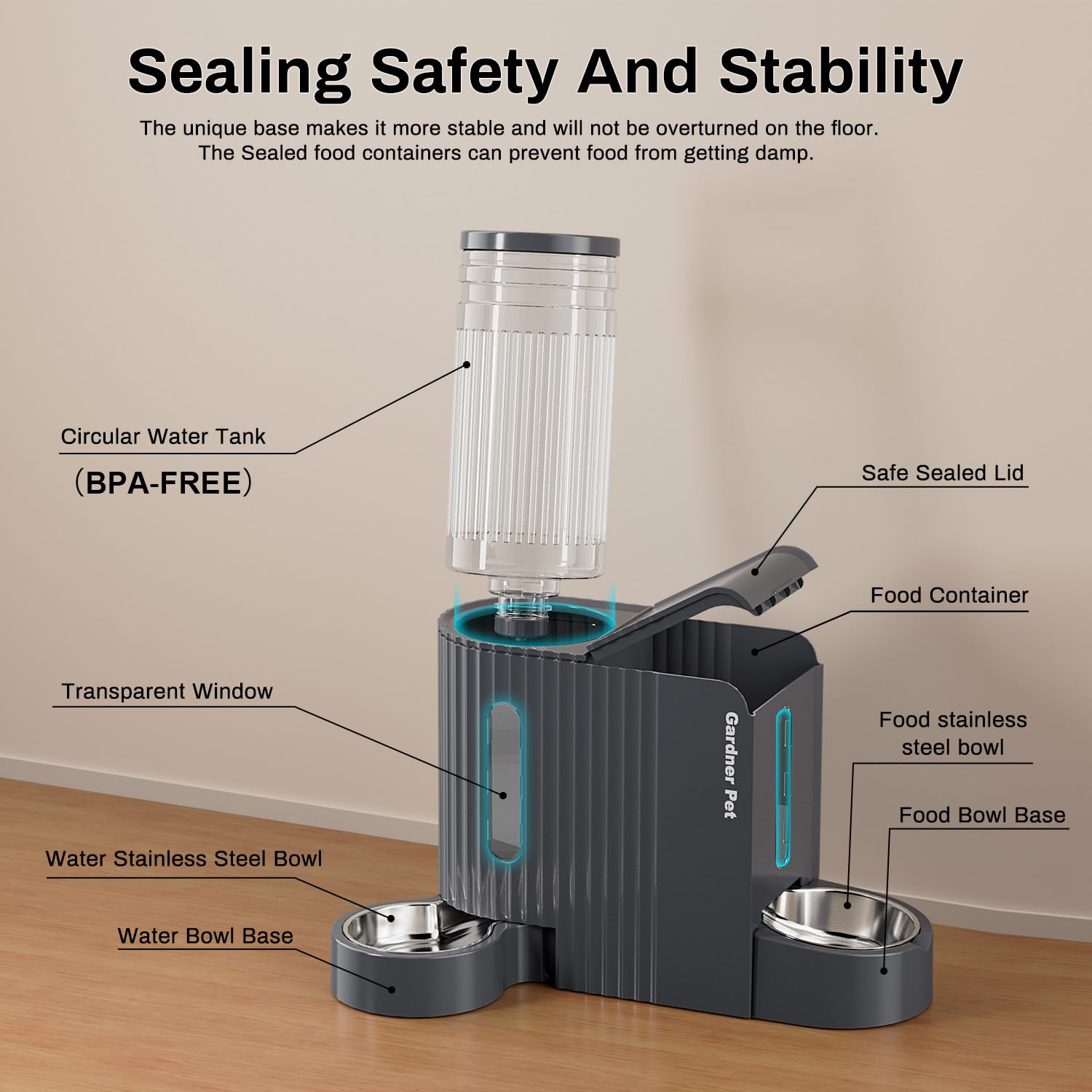 Gardner Pet transparent windows—monitor food and water levels at a glance.
