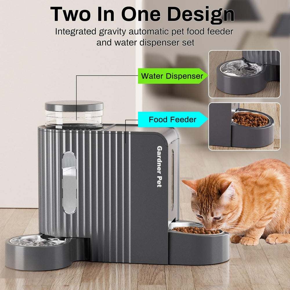 Gardner Pet dual-bowl setup side angle showing feeder and water dispenser for two-pet households.