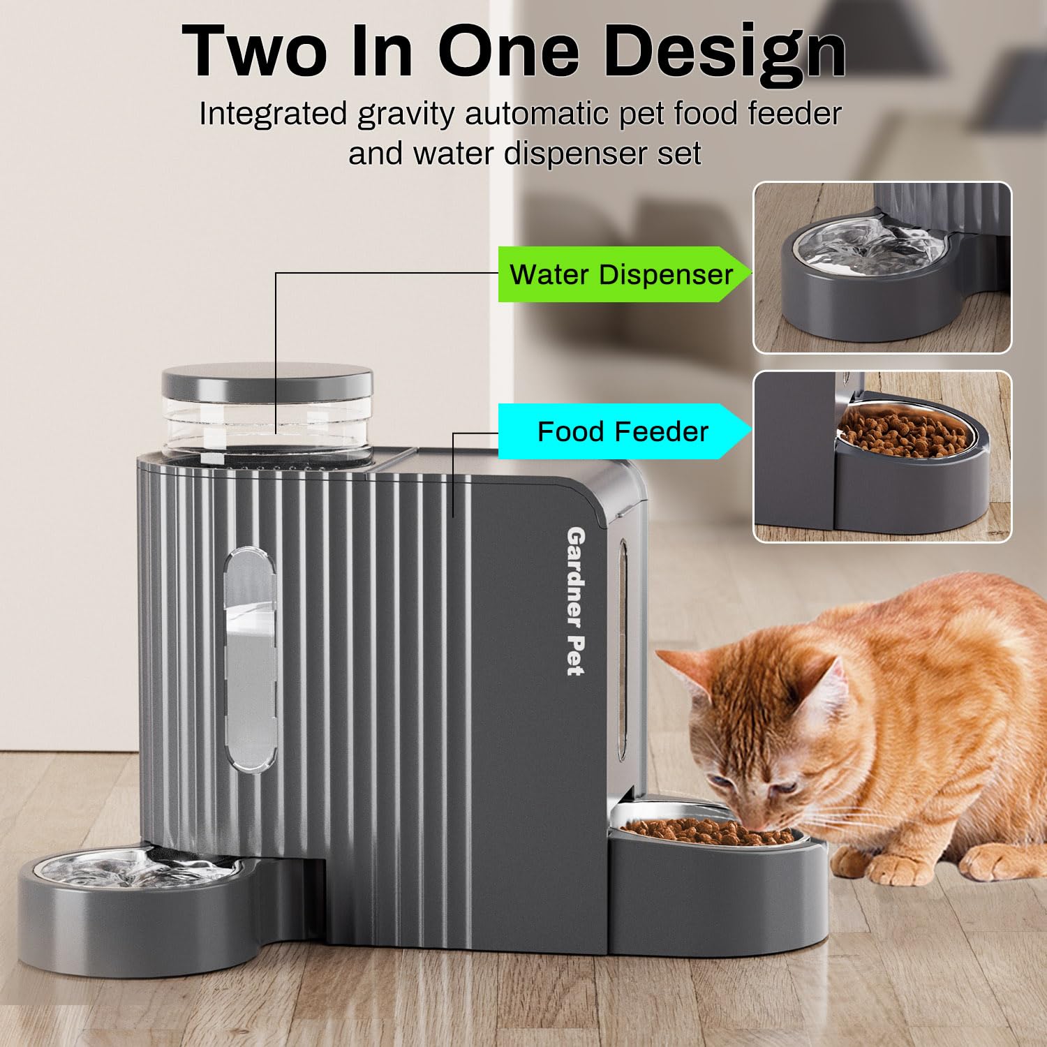 Gardner Pet two-in-one set with stainless bowls—close-up on durable, easy-clean design.