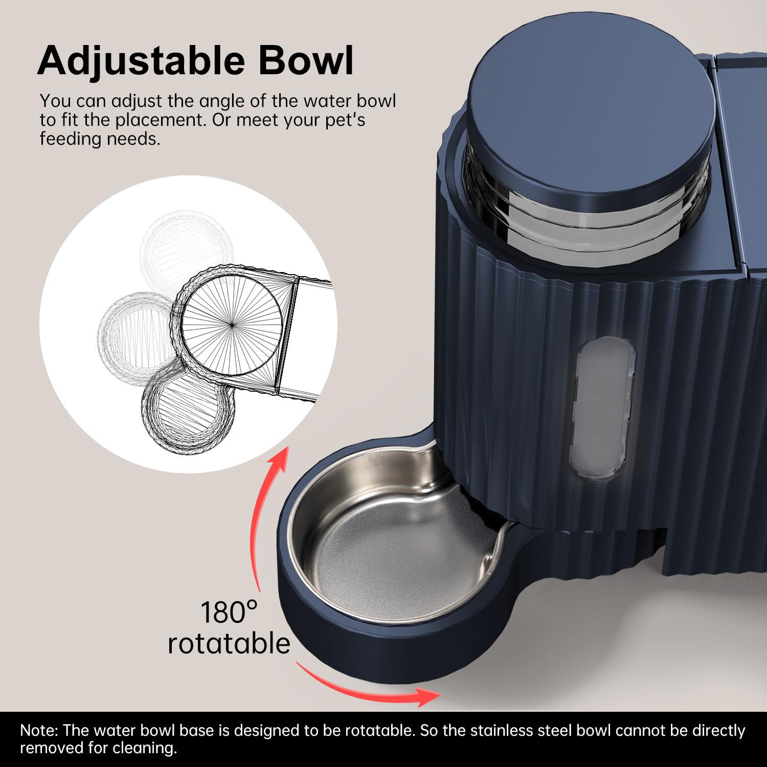 Gardner Pet water dispenser base adjusted to 180 degrees for stability.