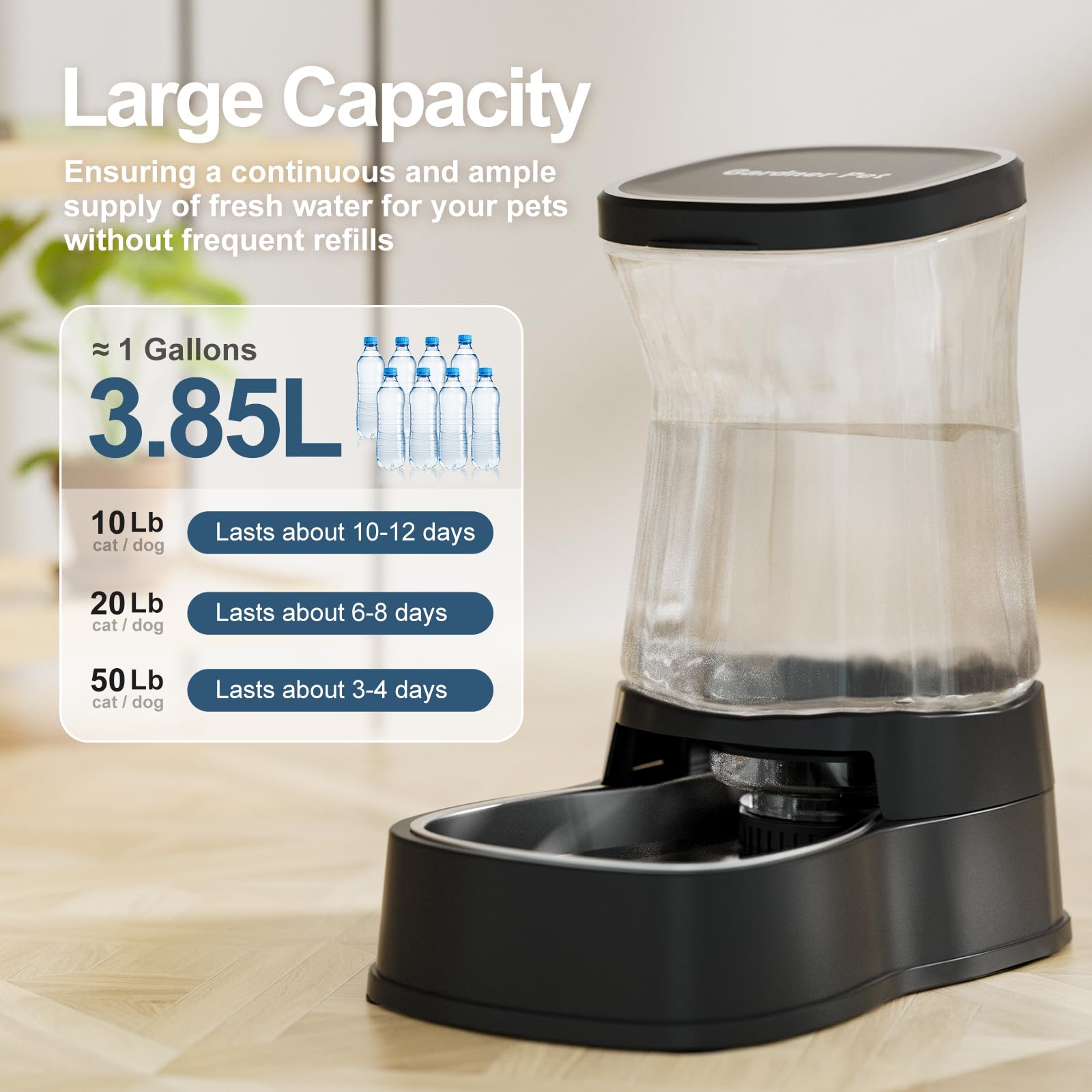 Gardner Pet water dispenser bowl close-up demonstrates durable 304 stainless steel and easy cleaning.